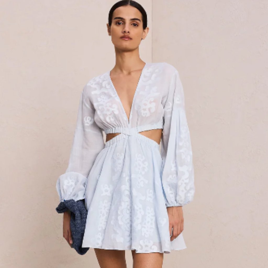 A.L.C. Irene Embroidered Waisr Cutout Long Sleeve Ice Water Mini Dress Sz 4
